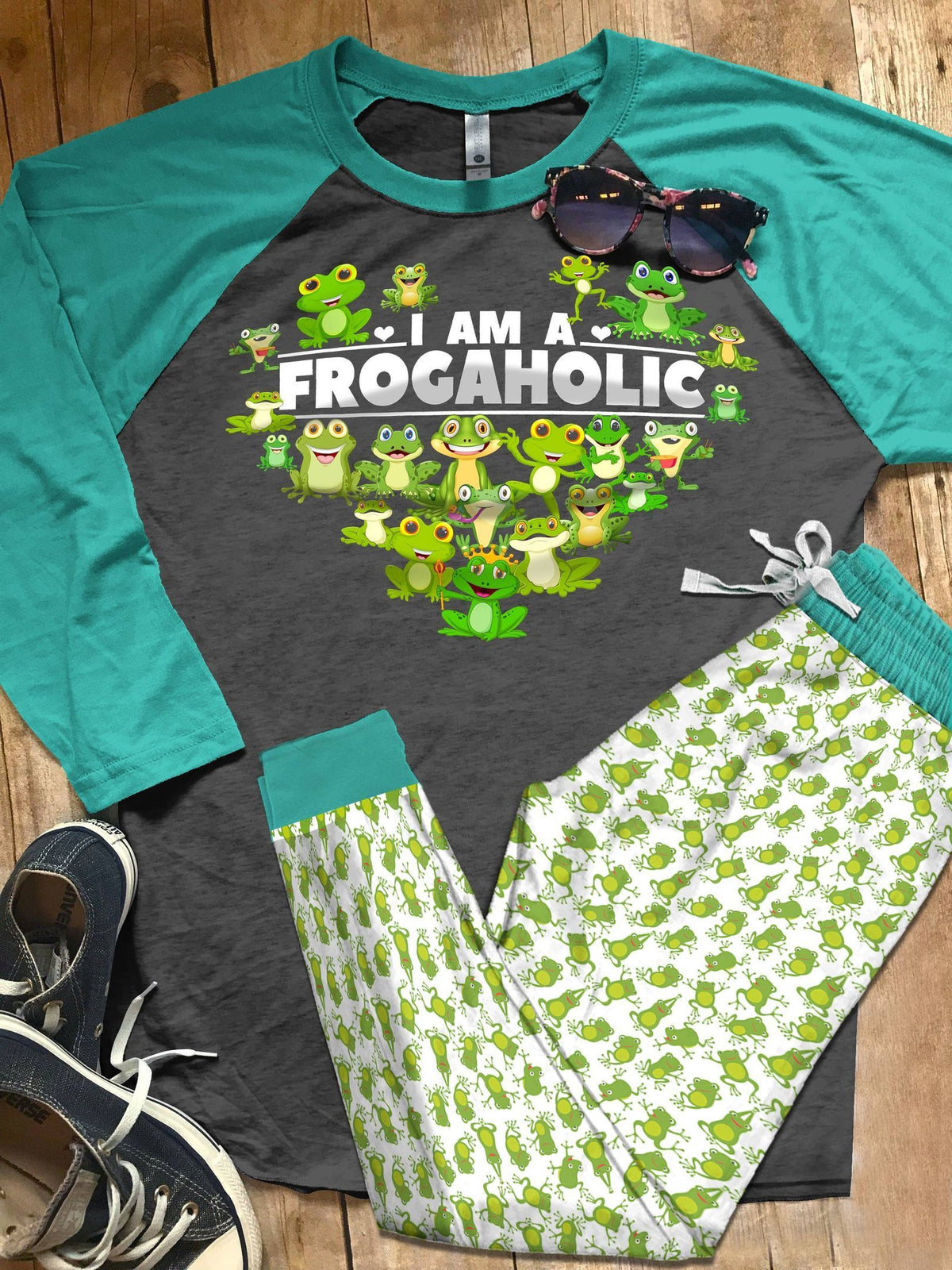 Frog Set I'M A Frogaholic Colors Pajama Set |Sleepwear Pjs Sets | Raglan Shirt Pants Set
