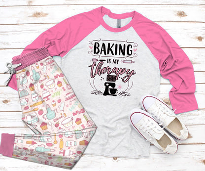 Baking Baking Is My Therapy Pajama Set |Sleepwear Pjs Sets | Raglan Shirt Pants Set