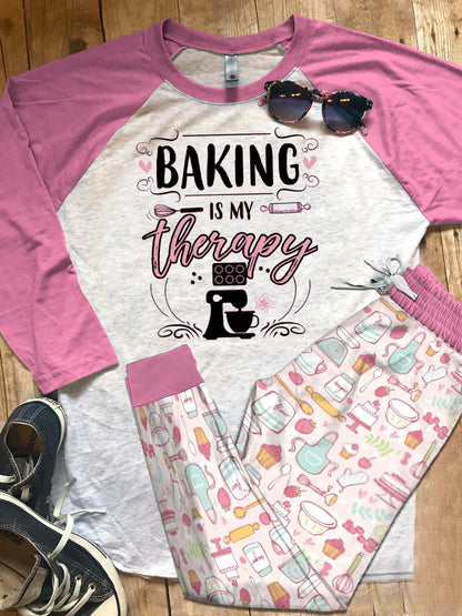 Baking Baking Is My Therapy Pajama Set |Sleepwear Pjs Sets | Raglan Shirt Pants Set