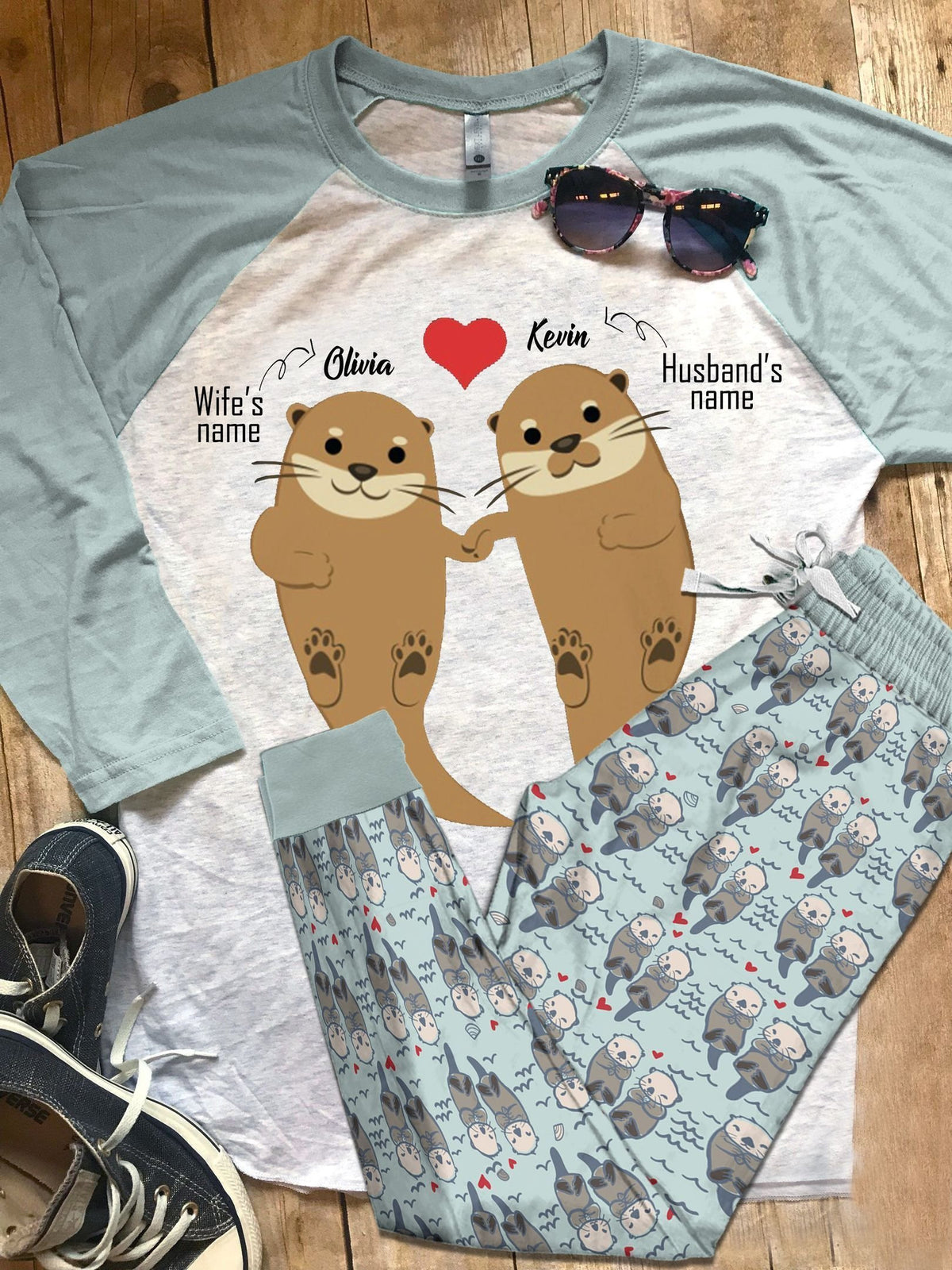 Otter Personalized Blue Nice Pajama Set |Sleepwear Pjs Sets | Raglan Shirt Pants Set