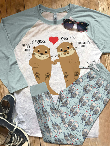 Otter Personalized Blue Nice Pajama Set |Sleepwear Pjs Sets | Raglan Shirt Pants Set