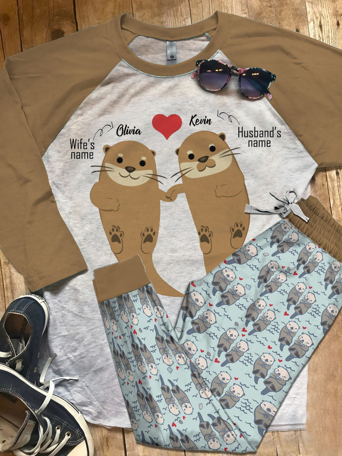 Otter Personalized Blue Nice Pajama Set |Sleepwear Pjs Sets | Raglan Shirt Pants Set