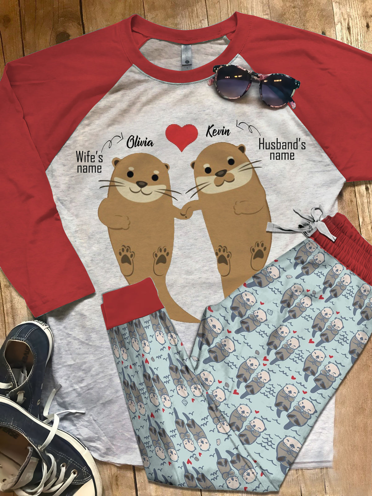 Otter Personalized Blue Nice Pajama Set |Sleepwear Pjs Sets | Raglan Shirt Pants Set