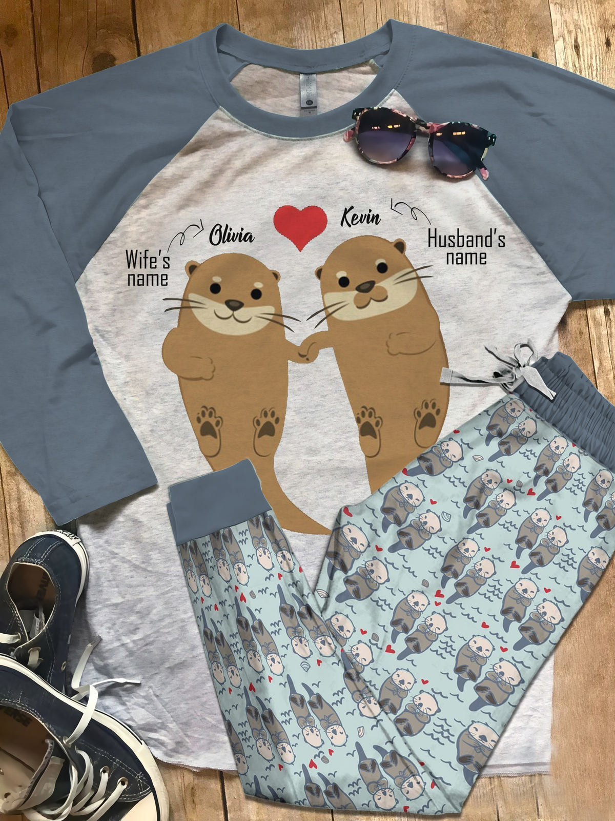 Otter Personalized Blue Nice Pajama Set |Sleepwear Pjs Sets | Raglan Shirt Pants Set