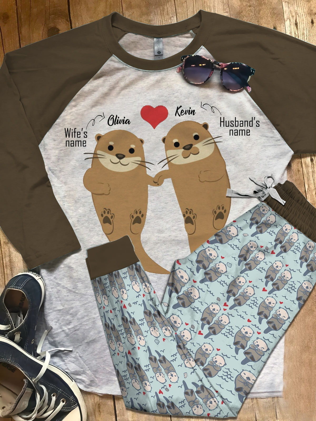 Otter Personalized Blue Nice Pajama Set |Sleepwear Pjs Sets | Raglan Shirt Pants Set