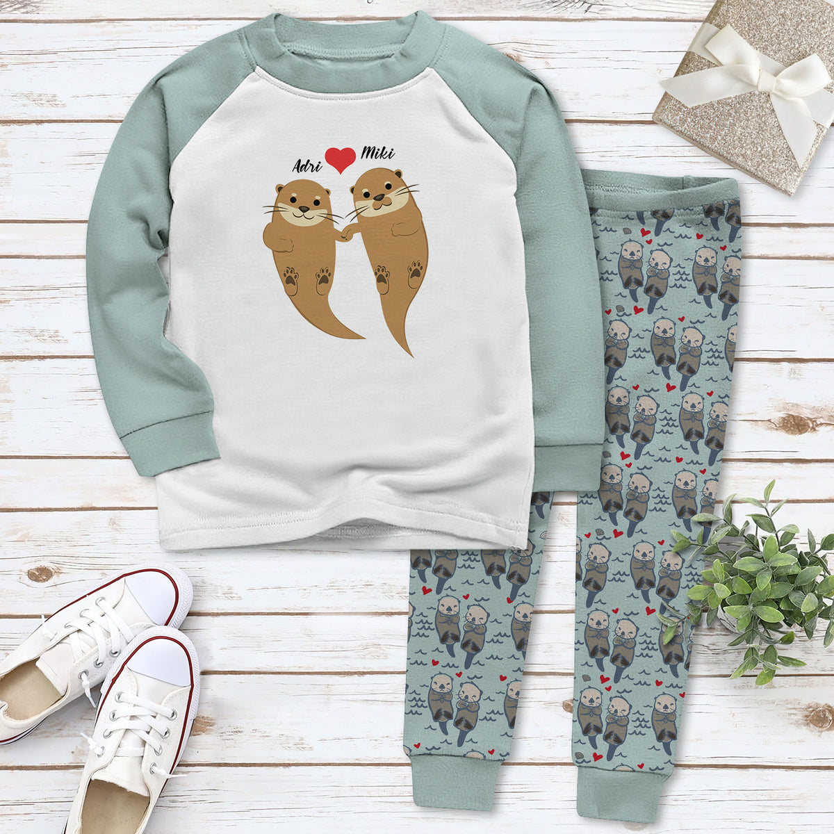Otter Personalized Blue Nice Pajama Set |Sleepwear Pjs Sets | Raglan Shirt Pants Set