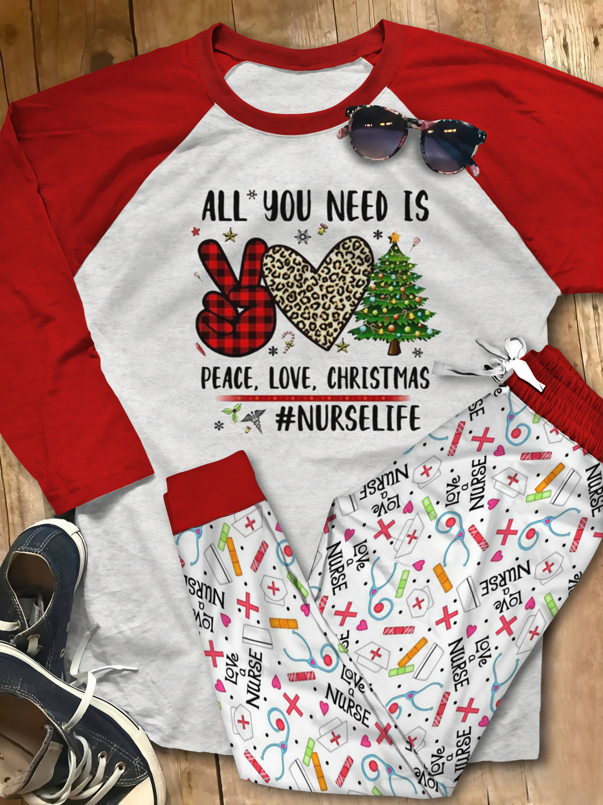 Nurse Set Peace Love Christmas Pajama Set |Sleepwear Pjs Sets | Raglan Shirt Pants Set