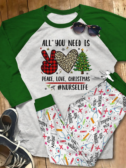 Nurse Set Peace Love Christmas Pajama Set |Sleepwear Pjs Sets | Raglan Shirt Pants Set