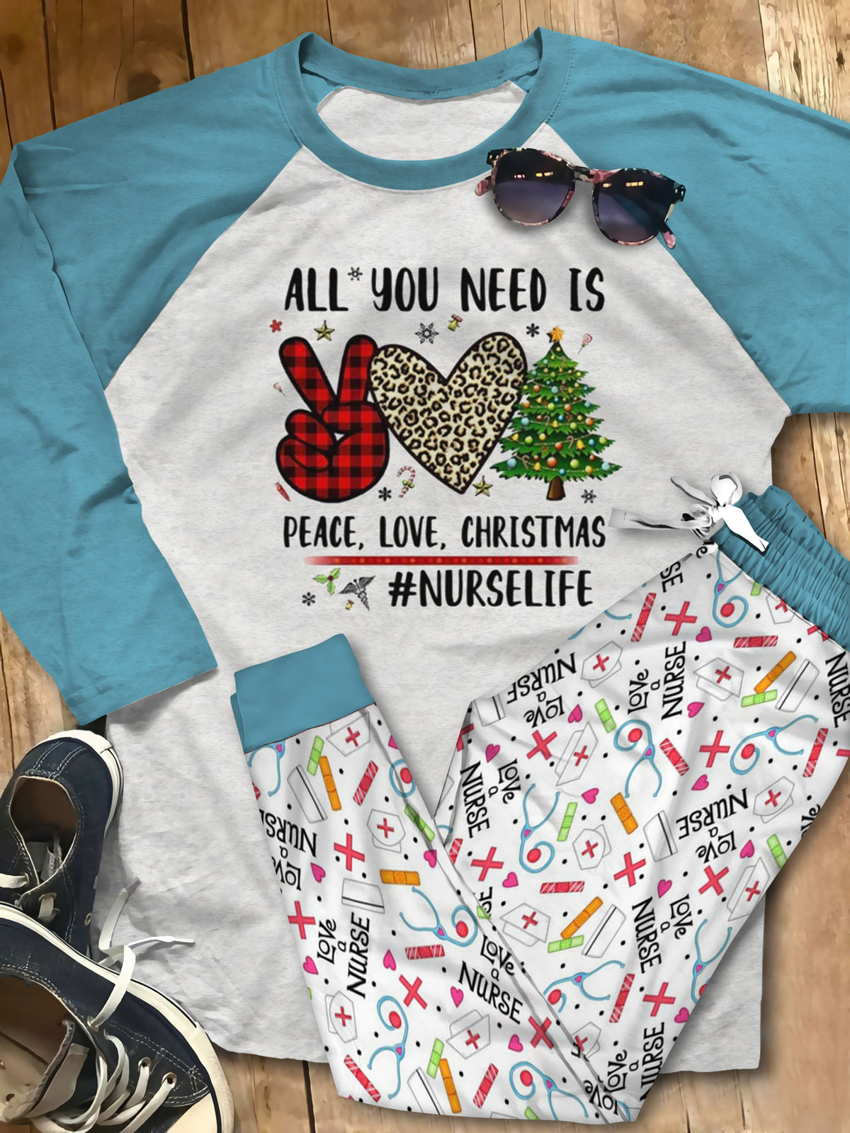 Nurse Set Peace Love Christmas Pajama Set |Sleepwear Pjs Sets | Raglan Shirt Pants Set