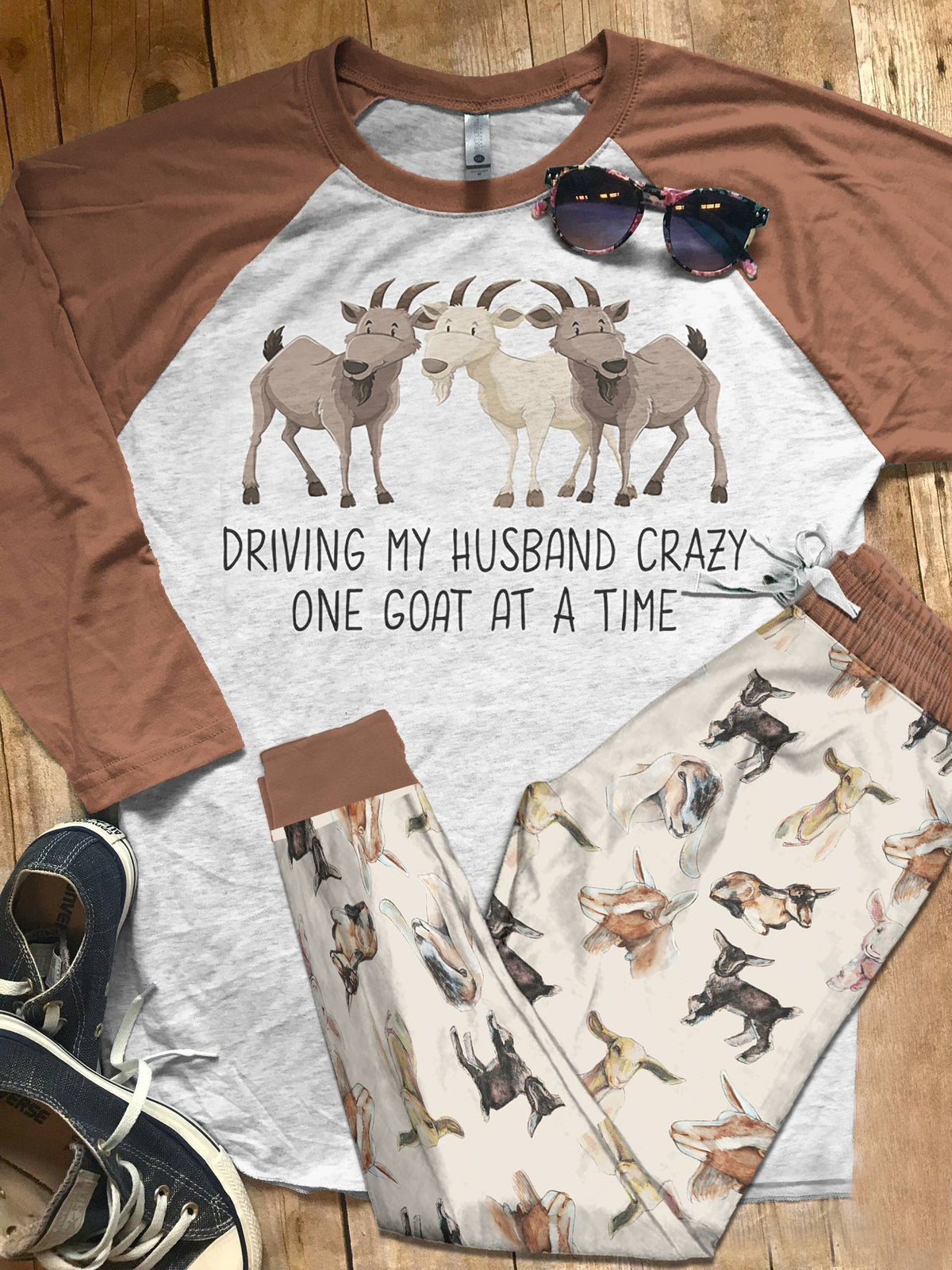 Goat Brown Good Pajama Set |Sleepwear Pjs Sets | Raglan Shirt Pants Set