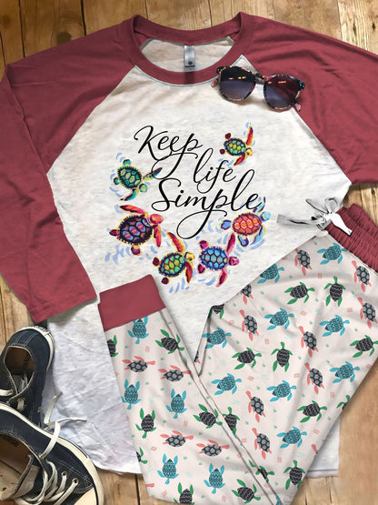 Sea Turtle Keep Life Simple Pajama Set |Sleepwear Pjs Sets | Raglan Shirt Pants Set
