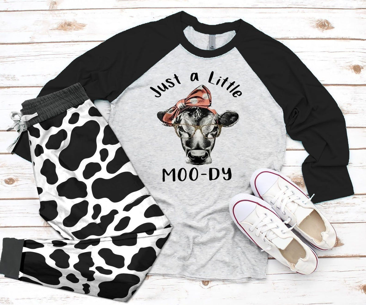 Cow Moody Black Nice Pajama Set |Sleepwear Pjs Sets | Raglan Shirt Pants Set