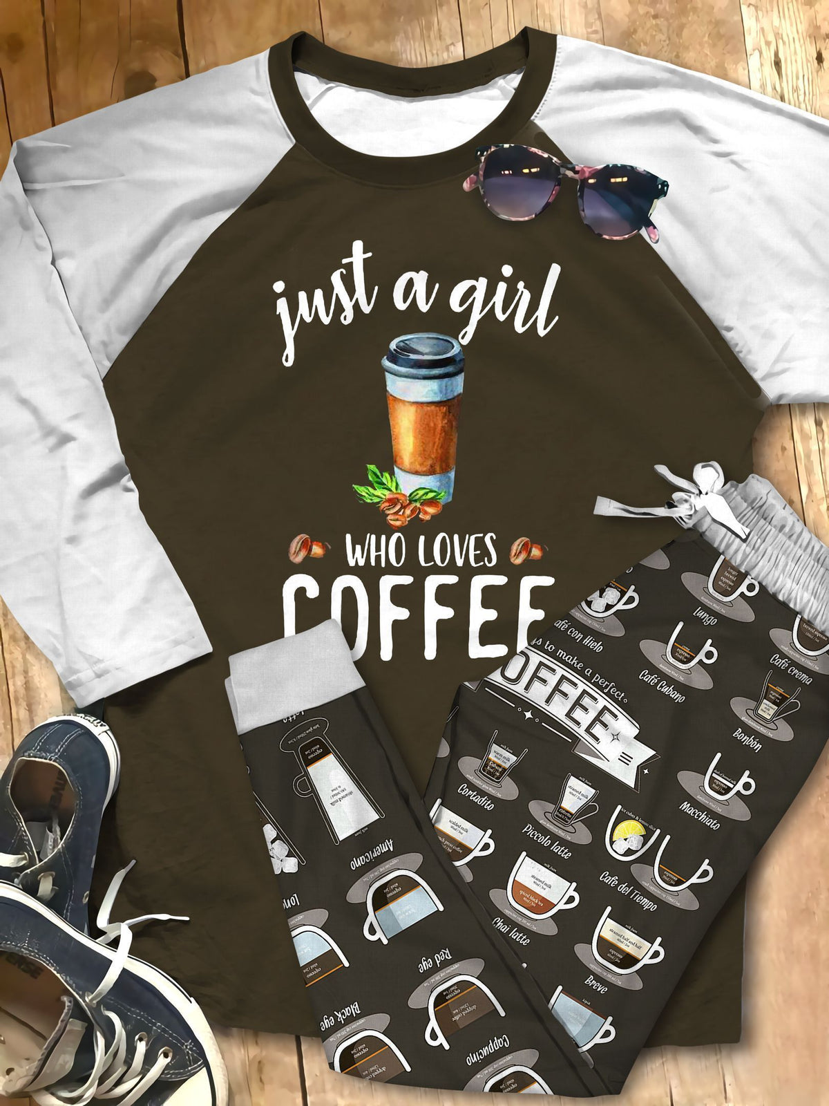 Coffee Just A Girl High Quality Pajama Set |Sleepwear Pjs Sets | Raglan Shirt Pants Set