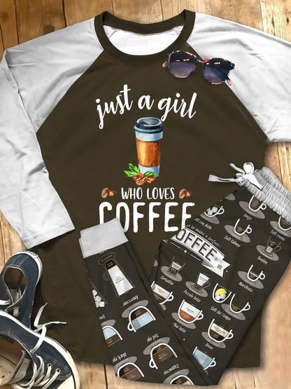 Coffee Just A Girl High Quality Pajama Set |Sleepwear Pjs Sets | Raglan Shirt Pants Set