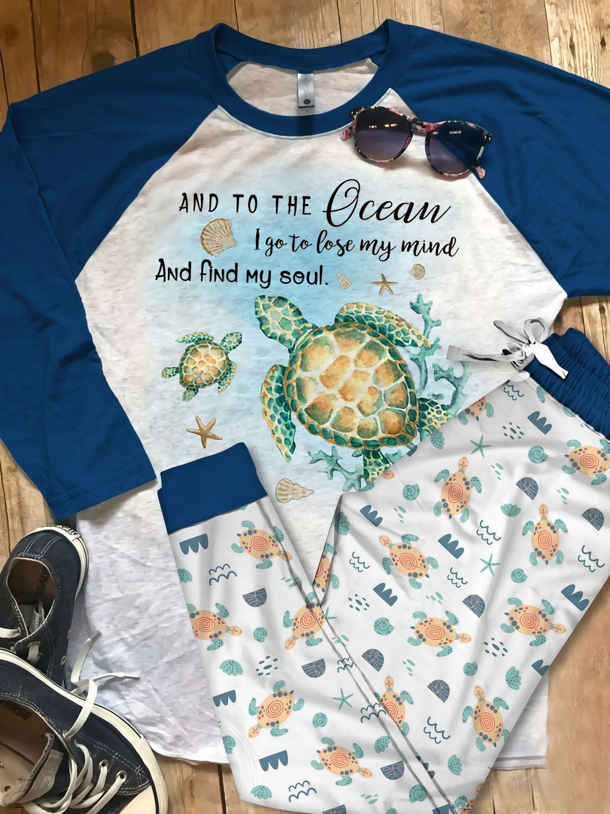 Sea Turtle Ocean Blue Best Pajama Set |Sleepwear Pjs Sets | Raglan Shirt Pants Set
