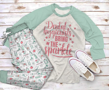 Dentist Dental Hygienists Bringe Sparkle Colors Pajama Set |Sleepwear Pjs Sets | Raglan Shirt Pants Set
