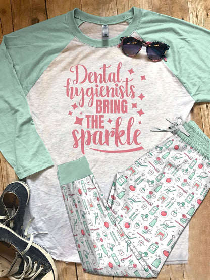 Dentist Dental Hygienists Bringe Sparkle Colors Pajama Set |Sleepwear Pjs Sets | Raglan Shirt Pants Set