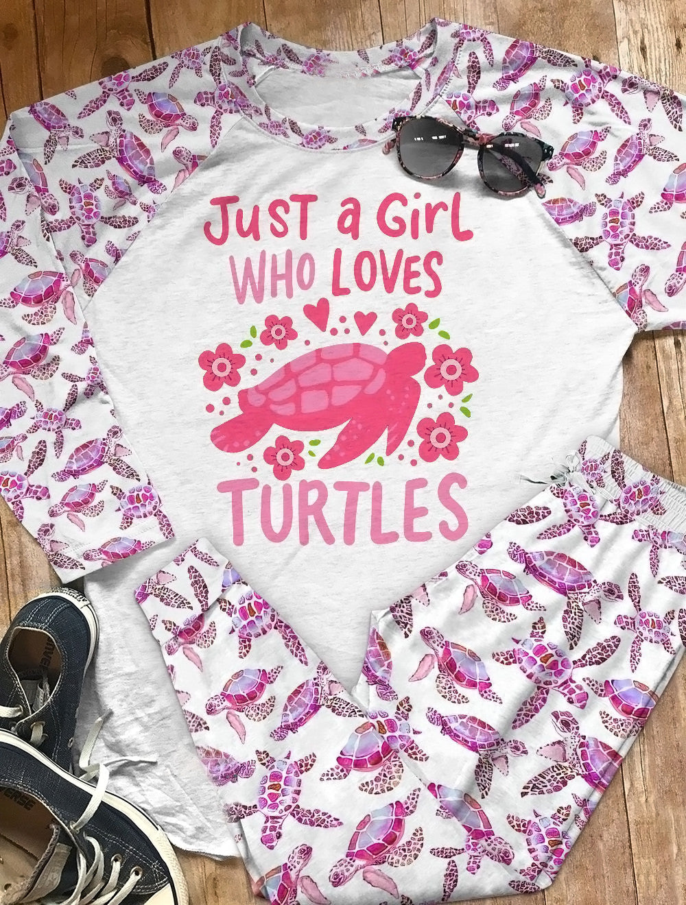 Sea Turtle Set Just A Girl Who Loves Turtles Pajama Set |Sleepwear Pjs Sets | Raglan Shirt Pants Set