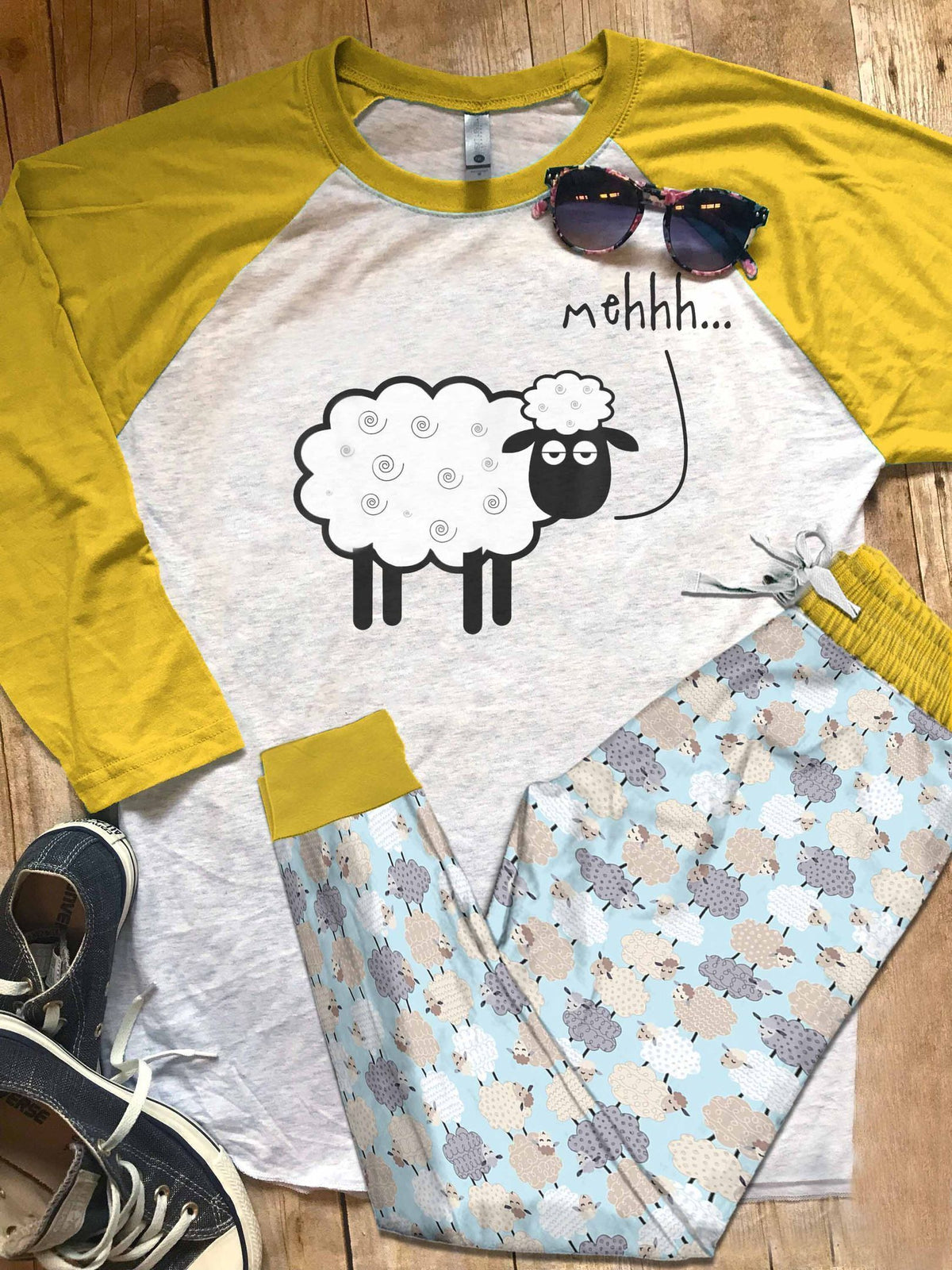 Sheep Yellow Awesome Pajama Set |Sleepwear Pjs Sets | Raglan Shirt Pants Set