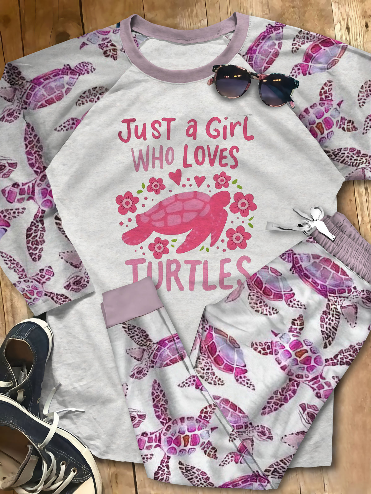 Sea Turtle Set Just A Girl Who Loves Turtles Pajama Set |Sleepwear Pjs Sets | Raglan Shirt Pants Set
