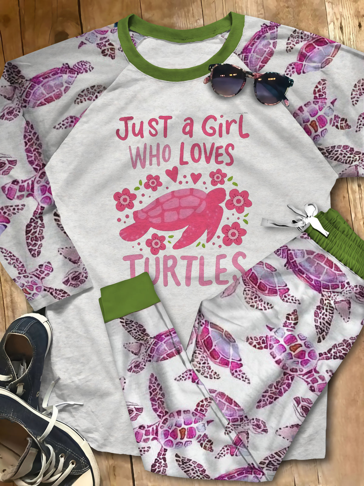 Sea Turtle Set Just A Girl Who Loves Turtles Pajama Set |Sleepwear Pjs Sets | Raglan Shirt Pants Set