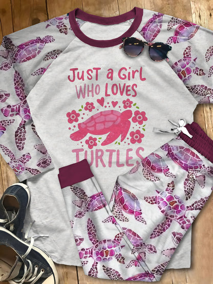 Sea Turtle Set Just A Girl Who Loves Turtles Pajama Set |Sleepwear Pjs Sets | Raglan Shirt Pants Set