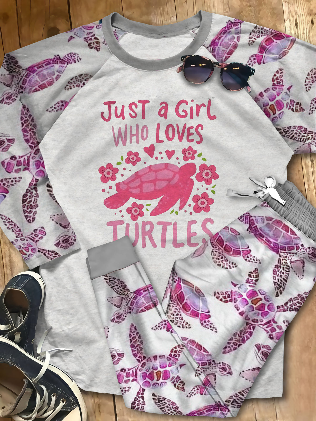 Sea Turtle Set Just A Girl Who Loves Turtles Pajama Set |Sleepwear Pjs Sets | Raglan Shirt Pants Set