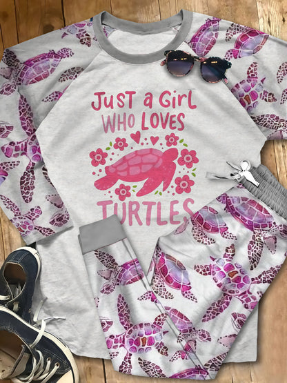 Sea Turtle Set Just A Girl Who Loves Turtles Pajama Set |Sleepwear Pjs Sets | Raglan Shirt Pants Set
