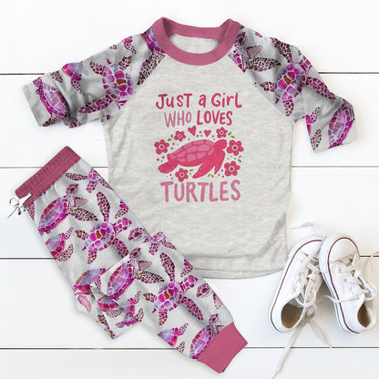Sea Turtle Set Just A Girl Who Loves Turtles Pajama Set |Sleepwear Pjs Sets | Raglan Shirt Pants Set