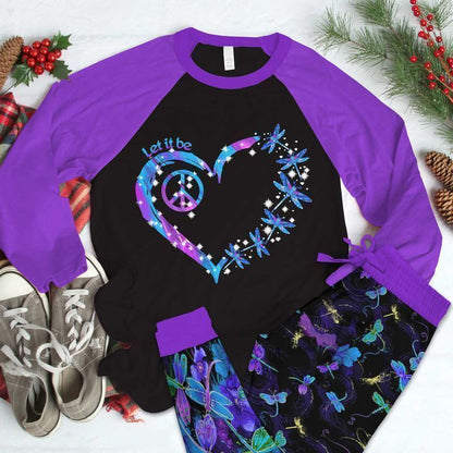 Dragonfly Heart Peace Purple High Quality Pajama Set |Sleepwear Pjs Sets | Raglan Shirt Pants Set
