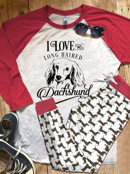 Dachshund Long Haired Red Awesome Pajama Set |Sleepwear Pjs Sets | Raglan Shirt Pants Set