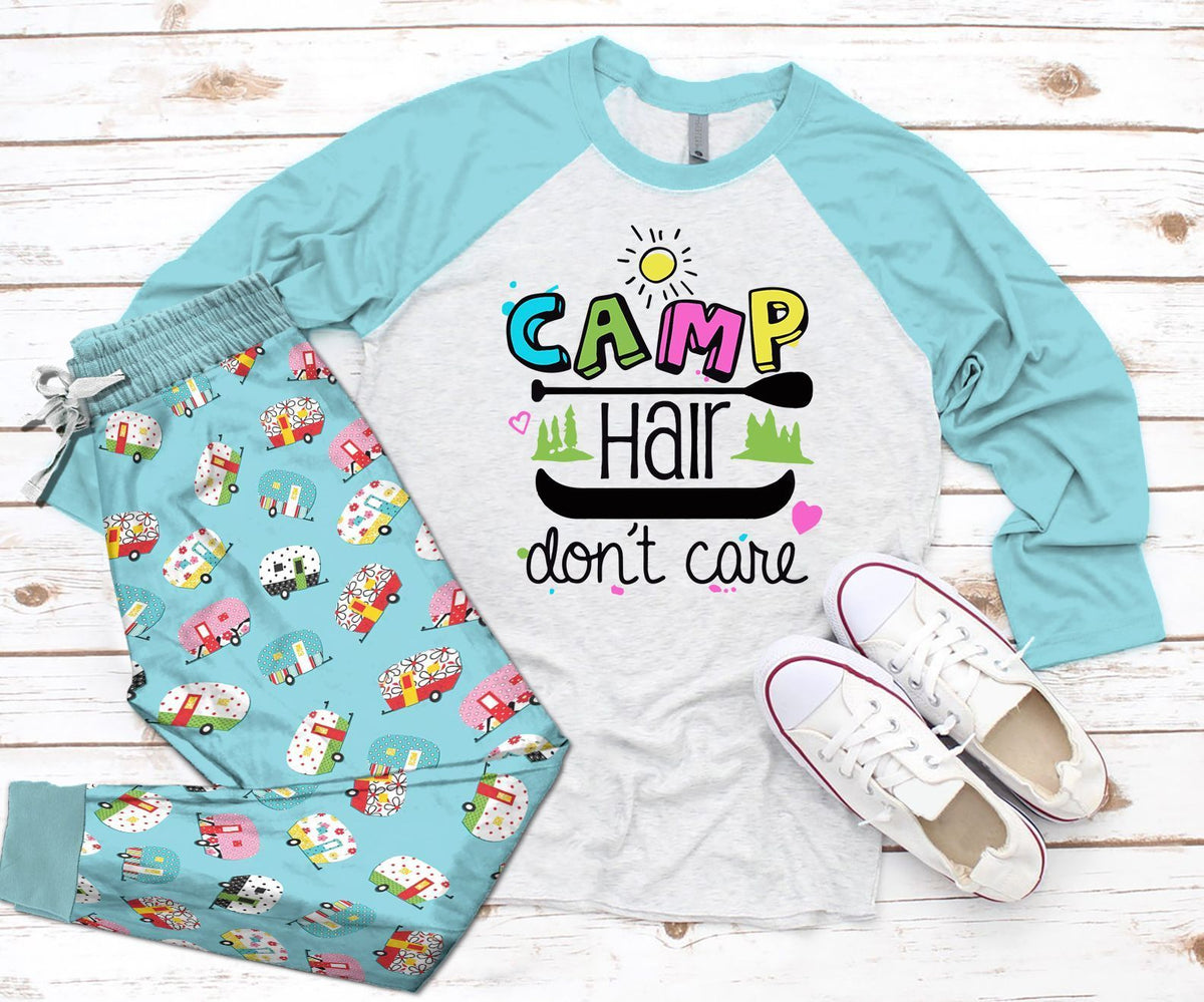 Camping Set Camp Hair Pajama Set |Sleepwear Pjs Sets | Raglan Shirt Pants Set