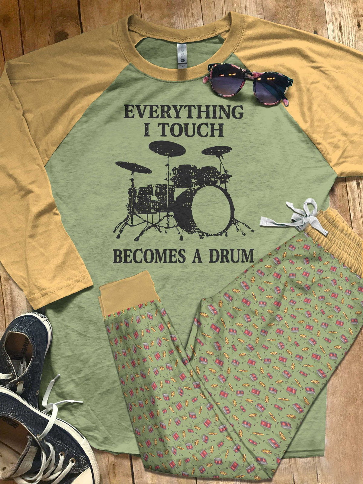 Drum Khaki Good Quality Pajama Set |Sleepwear Pjs Sets | Raglan Shirt Pants Set