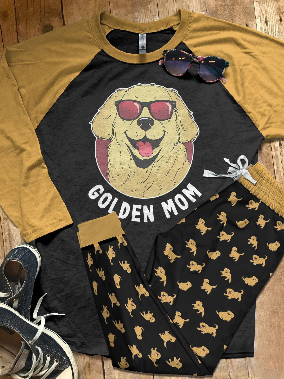 Golden Retriever Set Golden Mom Pajama Set |Sleepwear Pjs Sets | Raglan Shirt Pants Set
