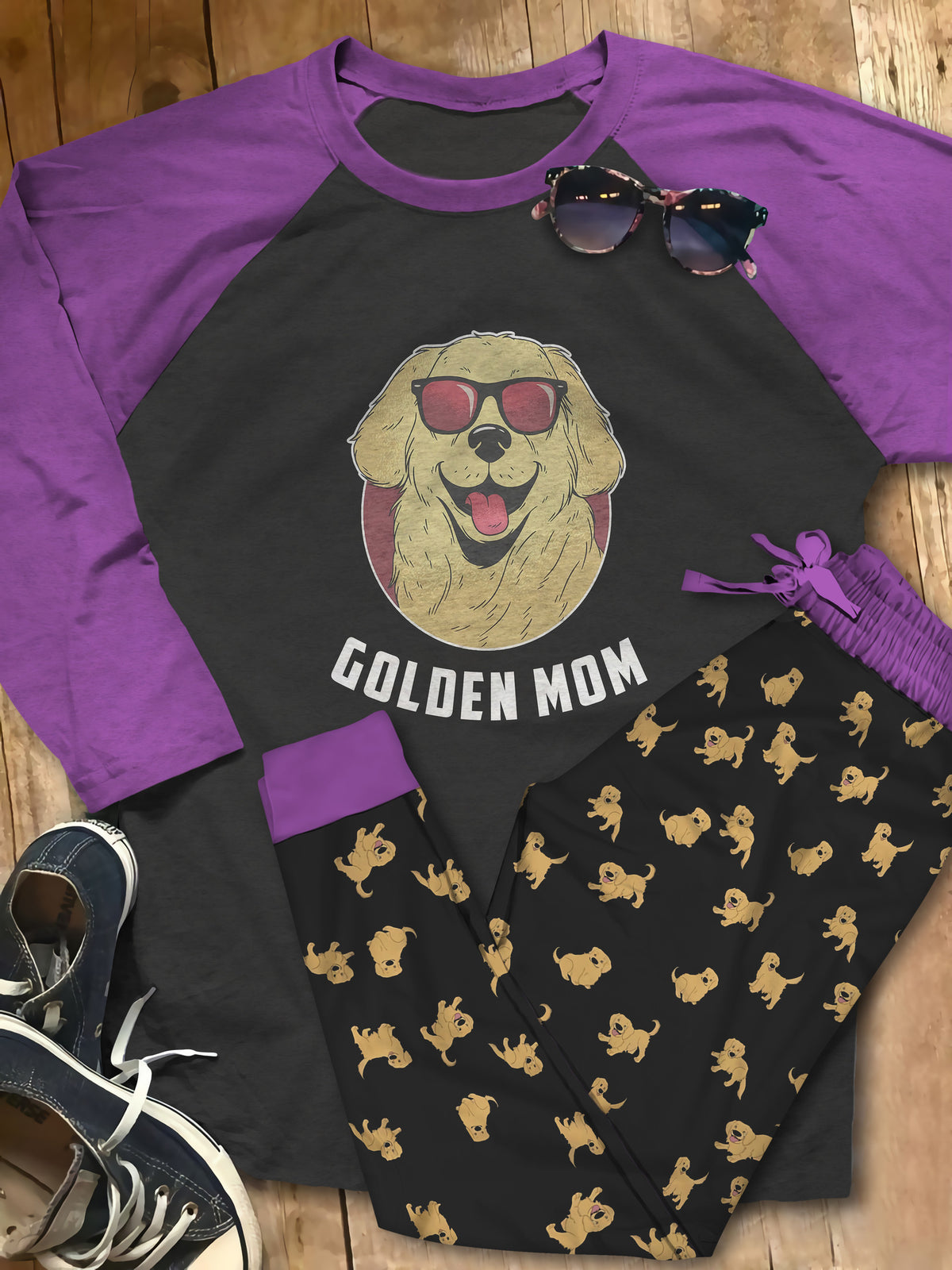 Golden Retriever Set Golden Mom Pajama Set |Sleepwear Pjs Sets | Raglan Shirt Pants Set