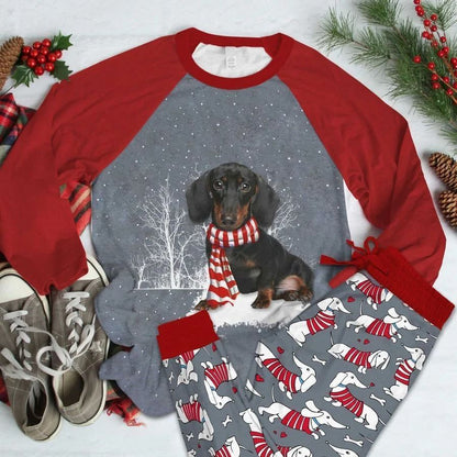 Dachshund Red Pattern Amazing Pajama Set |Sleepwear Pjs Sets | Raglan Shirt Pants Set