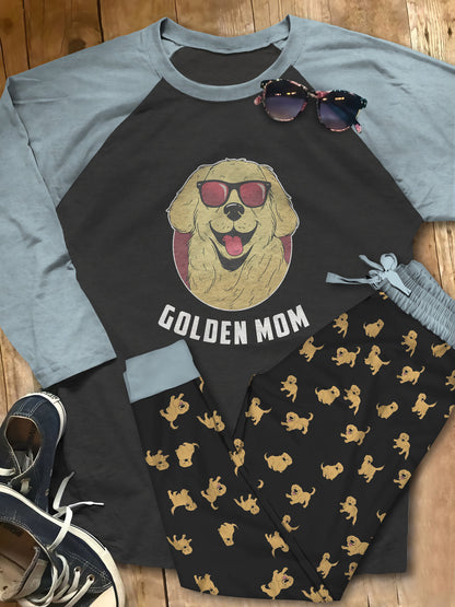 Golden Retriever Set Golden Mom Pajama Set |Sleepwear Pjs Sets | Raglan Shirt Pants Set