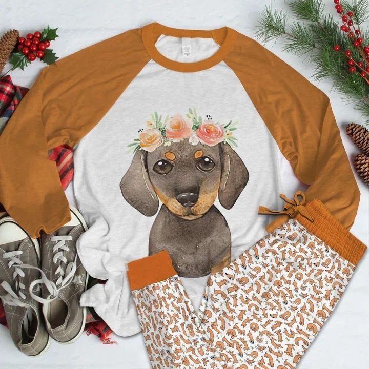 Dachshund Flowery Orange Best Pajama Set |Sleepwear Pjs Sets | Raglan Shirt Pants Set