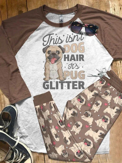 Pug Glitter Brown Good Pajama Set |Sleepwear Pjs Sets | Raglan Shirt Pants Set