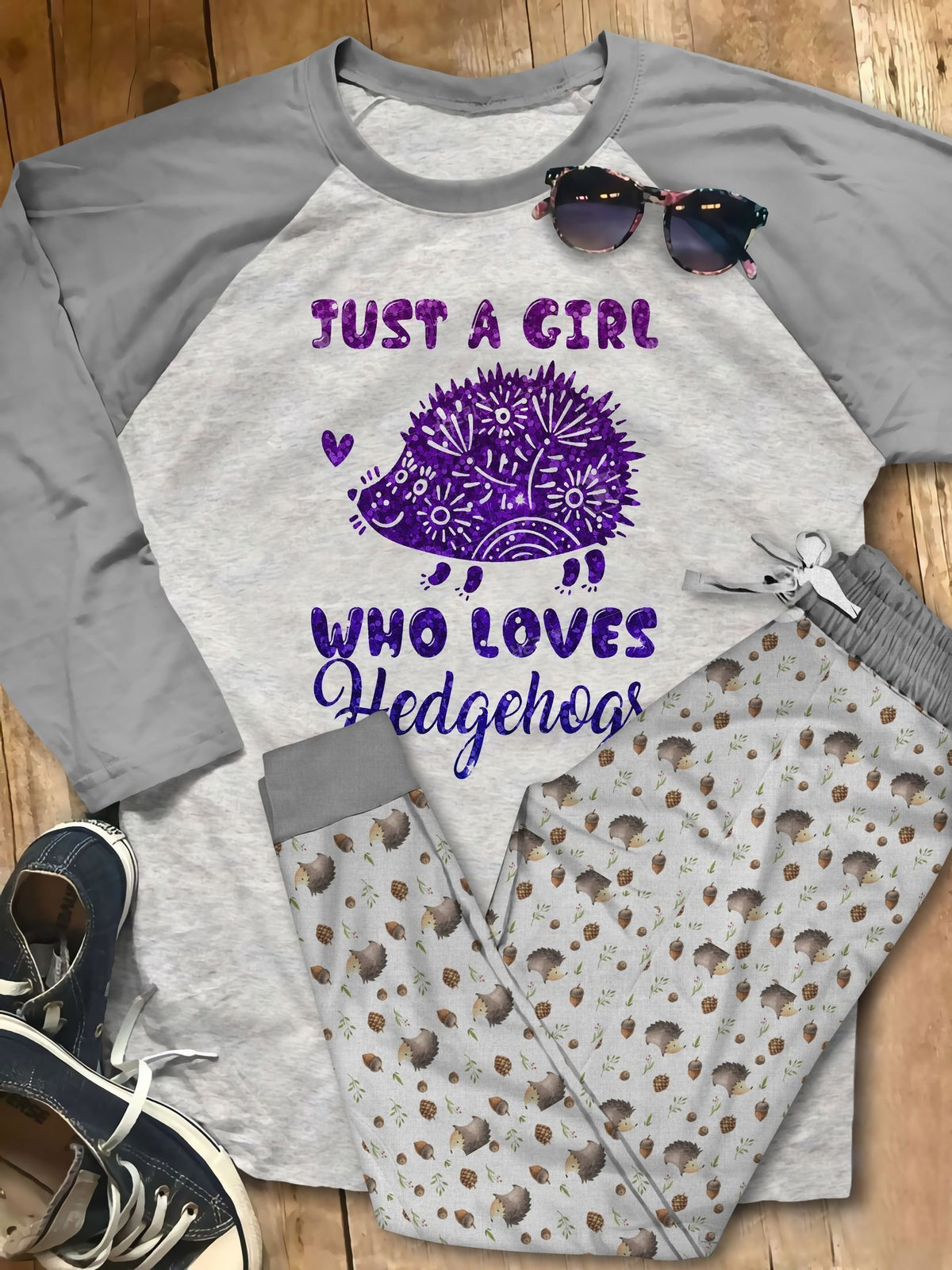 Hedgehog Just A Girl Grey High Quality Pajama Set |Sleepwear Pjs Sets | Raglan Shirt Pants Set