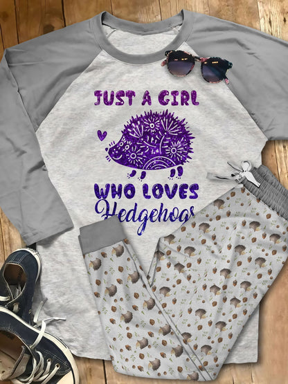 Hedgehog Just A Girl Grey High Quality Pajama Set |Sleepwear Pjs Sets | Raglan Shirt Pants Set