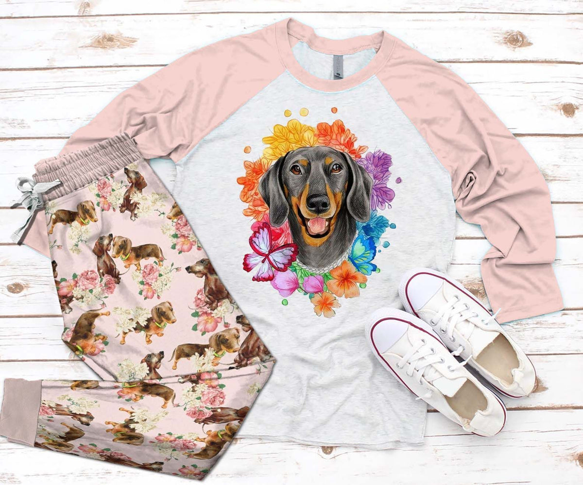 Dachshund Pink Nice Pajama Set |Sleepwear Pjs Sets | Raglan Shirt Pants Set