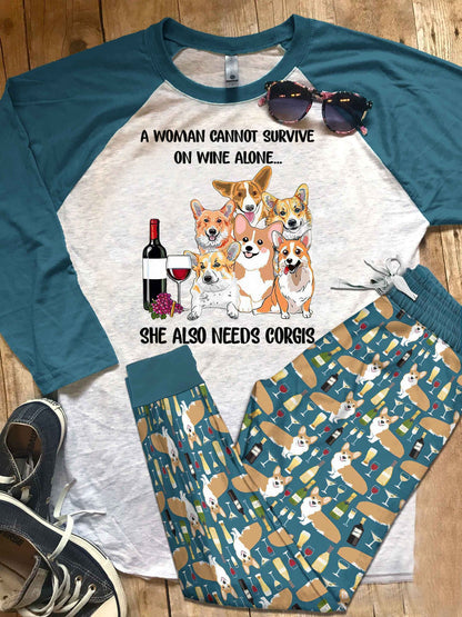 Corgi A Woman Cannot Survive On Wine Alone Amazing Pajama Set |Sleepwear Pjs Sets | Raglan Shirt Pants Set