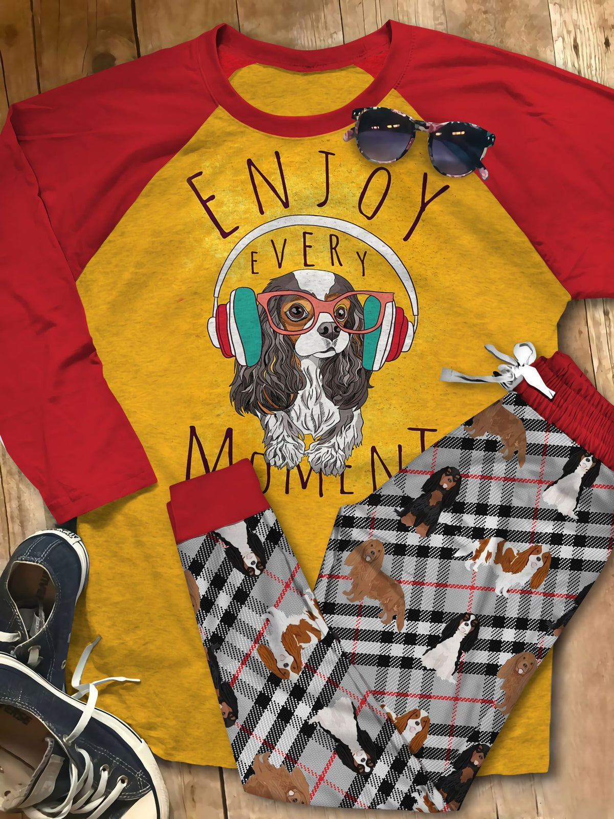 Cavalier King Charles Spaniel Enjoy Every Moment Pajama Set |Sleepwear Pjs Sets | Raglan Shirt Pants Set