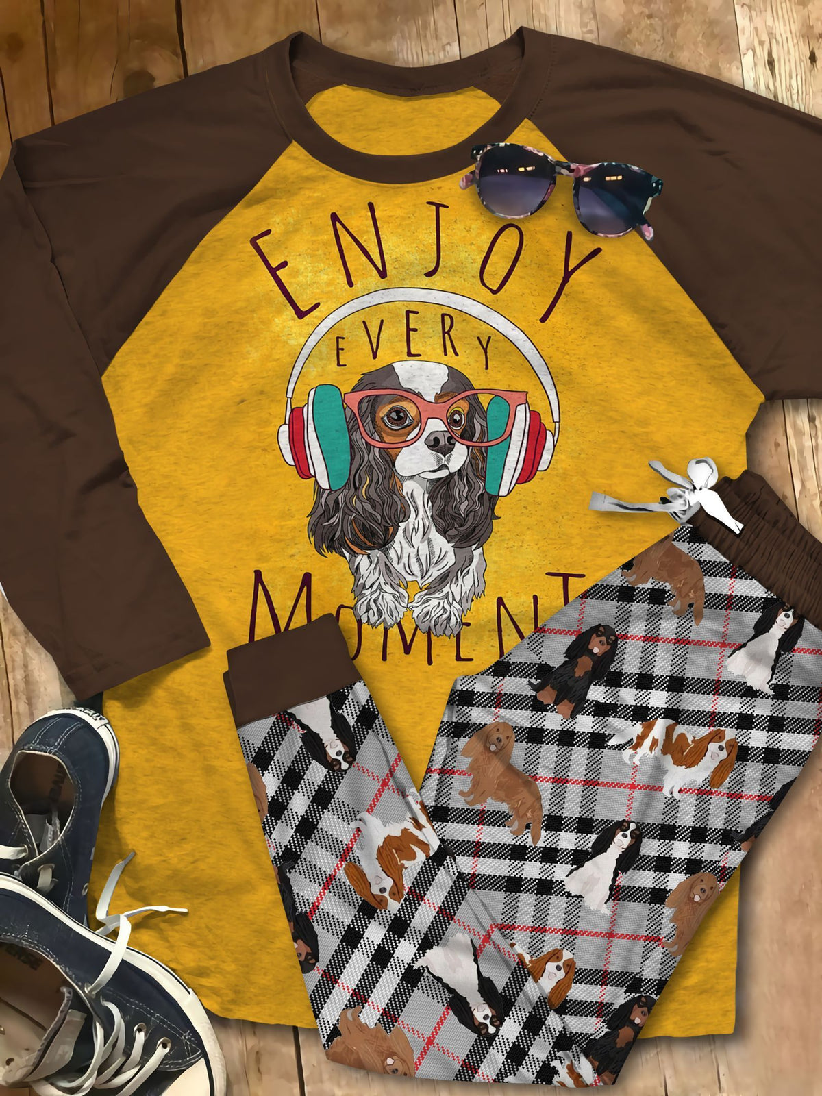 Cavalier King Charles Spaniel Enjoy Every Moment Pajama Set |Sleepwear Pjs Sets | Raglan Shirt Pants Set