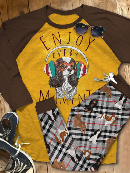 Cavalier King Charles Spaniel Enjoy Every Moment Pajama Set |Sleepwear Pjs Sets | Raglan Shirt Pants Set