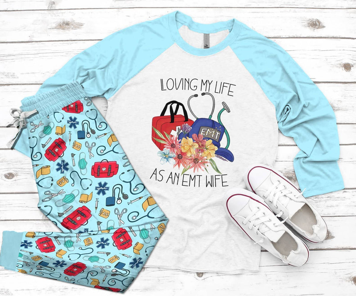 Emt Set Loving My Life As An Emt Wife Pajama Set |Sleepwear Pjs Sets | Raglan Shirt Pants Set