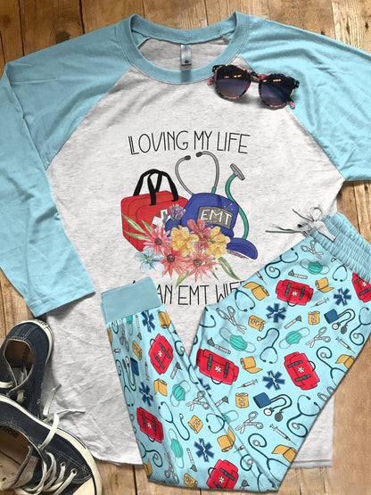 Emt Set Loving My Life As An Emt Wife Pajama Set |Sleepwear Pjs Sets | Raglan Shirt Pants Set