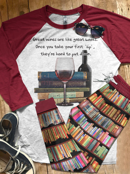 Reading Set Wines And Books Pajama Set |Sleepwear Pjs Sets | Raglan Shirt Pants Set