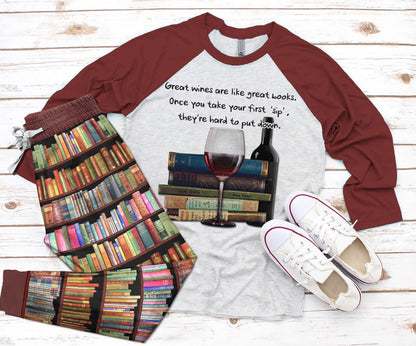 Reading Set Wines And Books Pajama Set |Sleepwear Pjs Sets | Raglan Shirt Pants Set